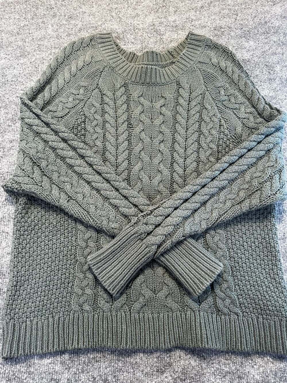 Aerie Women S Green Cable Knit Pullover Sweater Fisherman Boho Baggy Cozy Preppy